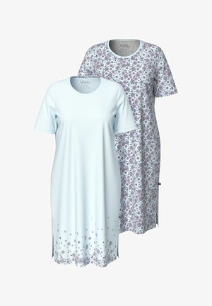 Nightgown azzurri chiari e stampati con maniche corte, colli rotondi e spacchi laterali, caratterizzati da disegni floreali in tonalità di viola e blu.