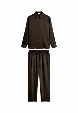 Brown satin button-up shirt with long sleeves paired with matching elastic waist pants, featuring a relaxed fit and smooth texture.