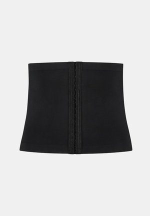 Ce corset noir est fabriqué en tissu doux, présente une fermeture à crochet et œillet au centre, et possède une texture lisse avec une silhouette ajustée.