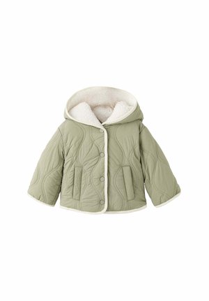 Hellgrüne gesteppte Jacke mit Kapuze und weißem Fleecefutter, Druckknopfverschluss und Vorderentaschen.