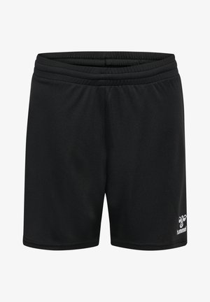 Pantalones cortos deportivos negros hechos de una tela ligera. Cuentan con una cintura elástica y el logo "Hummel" en blanco en la parte inferior derecha.