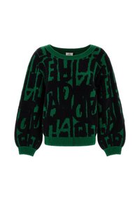 Svart och grön tröja med ett djärvt, abstrakt mönster, som har en rund halsringning och puffärmar. Mjuk textur och ribbade fålldetaljer.