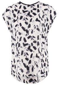 Blouse blanche sans manches avec un motif abstrait de coups de pinceau noirs et un col rond.