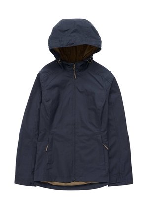 Marineblauwe waterdichte jas met een capuchon, voorkant met rits en twee zijzakken. Binnenvoering in een contrasterende beige kleur; heeft een gladde stoftextuur.