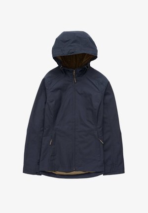 Granatowa wodoodporna kurtka z kapturem, przednim zamkiem i dwiema bocznymi kieszeniami. Wnętrze wyłożone materiałem w kontrastowym odcieniu tan; cechuje się gładką fakturą tkaniny.