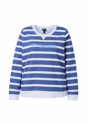 Maglietta a maniche lunghe a righe orizzontali blu e bianche con "salty breeze" ricamato sul petto e scollo rotondo.