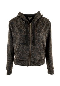 Sudadera con capucha de estampado de leopardo, con cierre de cremallera, bolsillos frontales y puños acanalados. Está hecha de un tejido suave y texturizado en tonos oscuros.