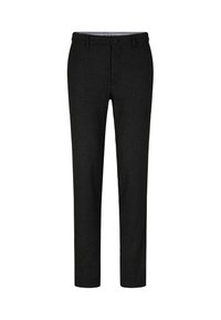 Pantaloni neri su misura realizzati in tessuto testurizzato, con chiusura a bottone e design a gamba dritta per una silhouette elegante.