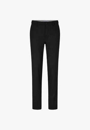 Pantaloni neri su misura realizzati in tessuto testurizzato, con chiusura a bottone e design a gamba dritta per una silhouette elegante.