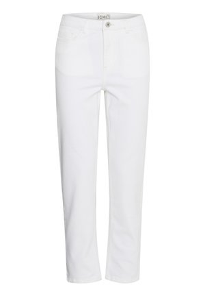 Biele džínsové nohavice s rovnými nohavicami, vybavené zipsom, piatimi vreckami a jemnými švíkmi. Hladká textúra látky.