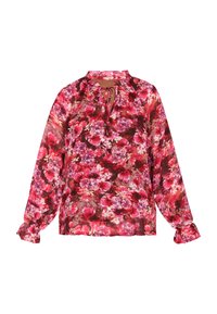 Blumenbluse mit einer Mischung aus rosa und kastanienbraunen Farbtönen, aus leichtem Stoff gefertigt. Sie hat einen runden Ausschnitt, lange Ärmel und eine Bindung.