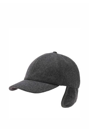 Dark gray wool baseball cap with attached ear flaps designed for cold weather protection.