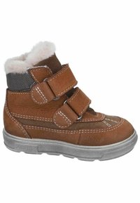 Scarpa in pelle marrone a metà altezza con due strap in Velcro, accenti in tessuto grigio, interno morbido, punta rotonda e suola in gomma grigia.