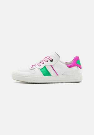 White leather sneakers with pink and green accents, perforated details, round toe, and pink laces; white rubber sole with traction patterns.