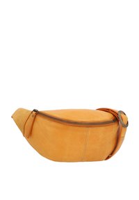 Orange leather fanny pack with a curved shape, textured surface, flat zip closure, and a metal accent on the adjustable strap.