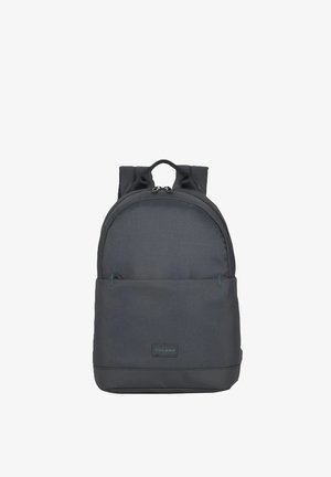 Zaino nero Tucano con spallacci imbottiti, tasca frontale con zip e manico superiore, mostrato su sfondo bianco.