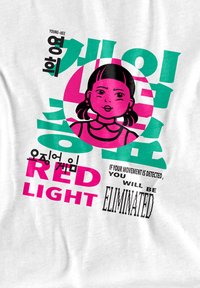 Cartoon of a girl with pigtails, surrounded by text in various colors, including "RED LIGHT" and "ELIMINATED," on a white background.