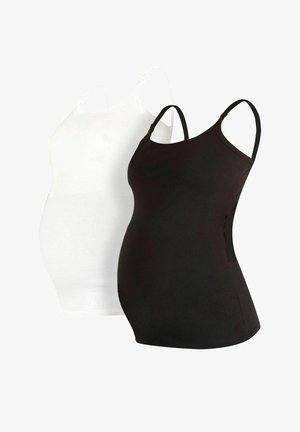 Graviditets camisoler i sort og hvid, lavet af blødt stof, med justerbare spaghetti-stropper og en tætsiddende design for komfort.