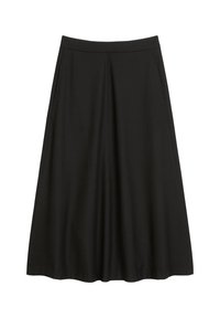 Schwarzer, A-Linien-Rock aus glattem Stoff. Mit einem Bund mit Falten und seitlichen Taschen. Knielanger Schnitt und unifarbenes Design.
