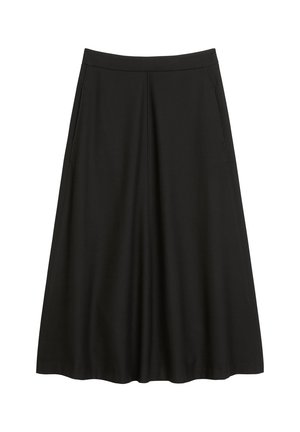 Black, A-line skirt made of smooth fabric. Features a waistband with pleats and side pockets. Knee-length cut and plain design.