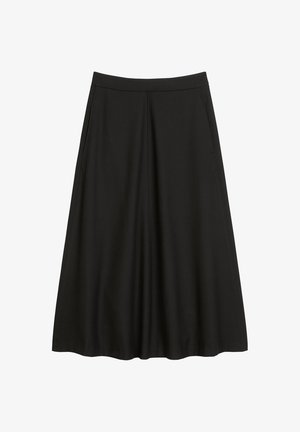 Saia preta em linha A, feita de um tecido suave. Apresenta uma cintura com pregas e bolsos laterais. Corte até ao joelho e design simples.