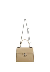 Borsa a mano in pelle beige con manico superiore e tracolla lunga removibile, forma rettangolare, patta frontale con chiusura a scatto in argento.