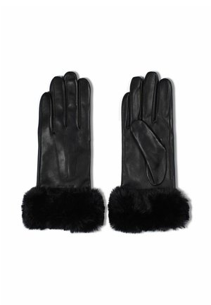 Een paar zwarte leren handschoenen met zachte zwarte bontmanchetten, voorkant en achterkant weergegeven, op een witte achtergrond.