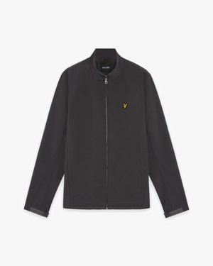 Moška črna jopica z zadrgo, visokim ovratnikom in rumenim vezenim logotipom ptice na levi strani prsi, dolgi rokavi z nastavljivimi manšetami.