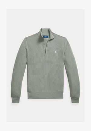 Light green pullover sweater with a quarter-zip collar, ribbed cuffs, and hem, featuring a small embroidered logo on the left chest.