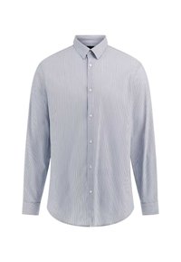Camicia a maniche lunghe di colore azzurro chiaro con sottili righe bianche, colletto a punta, chiusura frontale con bottoni e orlo dritto. Tessuto di cotone morbido.