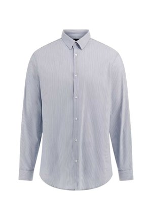 Camicia a maniche lunghe di colore azzurro chiaro con sottili righe bianche, colletto a punta, chiusura frontale con bottoni e orlo dritto. Tessuto di cotone morbido.