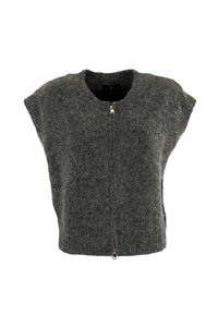Gilet grigio lavorato a maglia con maniche corte, scollatura rotonda e zip frontale. Tessuto morbido con una vestibilità ampia e dettagli di design minimi.