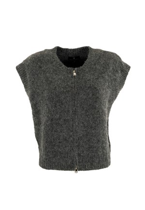 Gilet en tricot gris à manches courtes, col rond et fermeture éclair à l'avant. Texture douce avec une coupe ample et des détails de design minimalistes.