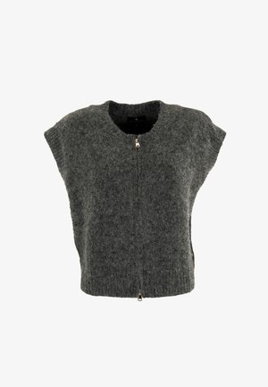 Gilet en tricot gris à manches courtes, col rond et fermeture éclair à l'avant. Texture douce avec une coupe ample et des détails de design minimalistes.