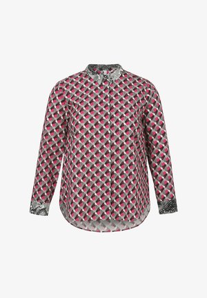 Langsleeve button-up shirt met een meerkleurig ruitpatroon in roze, grijs en zwart, met een contrasterende kraag en manchetten met een patroon.