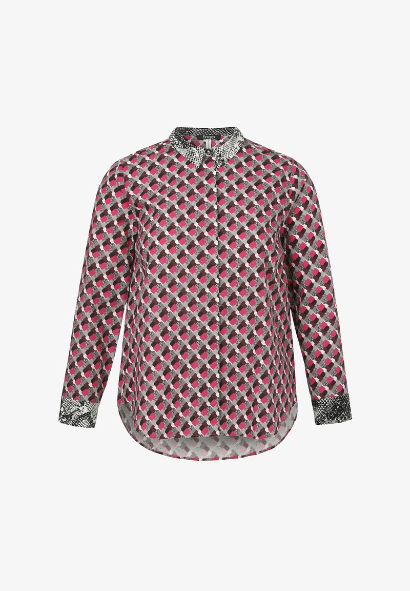 Long-sleeved button-up shirt featuring a multicolored diamond pattern in pink, gray, and black, with a contrasting patterned collar and cuffs.