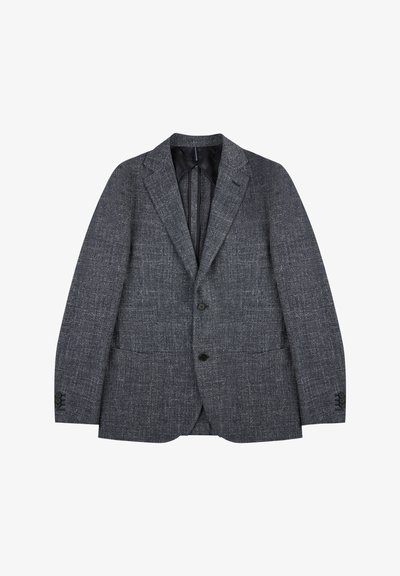 Skrzynkowy, ciemnoszary żakiet o teksturowanej powierzchni, z klapami w stylu notch, zapięciem na dwa guziki, kieszeniami z przodu i mankietami zapinanymi na cztery guziki. Gładka podszewka, dopasowany krój.