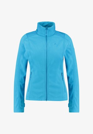 Giacca in pile azzurro chiaro con cerniera integrale, collo alto e due tasche frontali con zip, vista frontale con maniche lunghe.