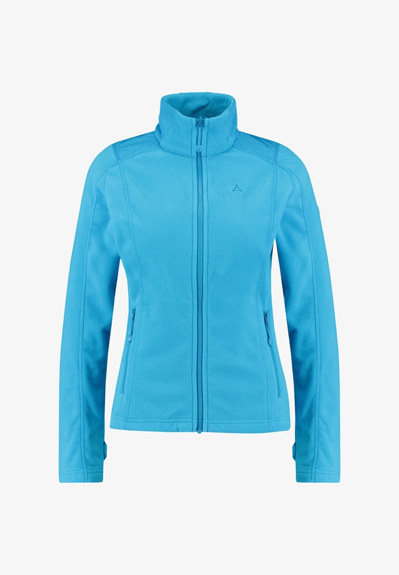 Veste polaire bleu clair à fermeture éclair intégrale avec col montant et deux poches avant zippées, vue de face avec manches longues.