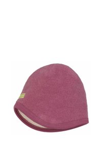 Lila Fleecepulli mit runder Form, der eine glatte Textur und eine kontrastierende Innenfarbe aufweist. Kleines Logotag an der Seite.
