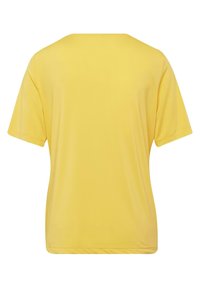 Yellow short-sleeve t-shirt with a round neck, made of smooth fabric. Features a simple, solid color design with no patterns or accents.