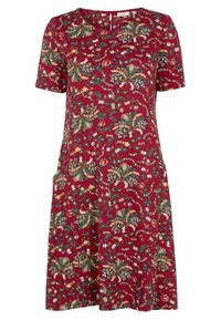 Rood kort mouwen jurk met ronde halslijn, voorzien van een groen, geel en wit bloemenpatroon en een ontspannen A-lijn silhouet.