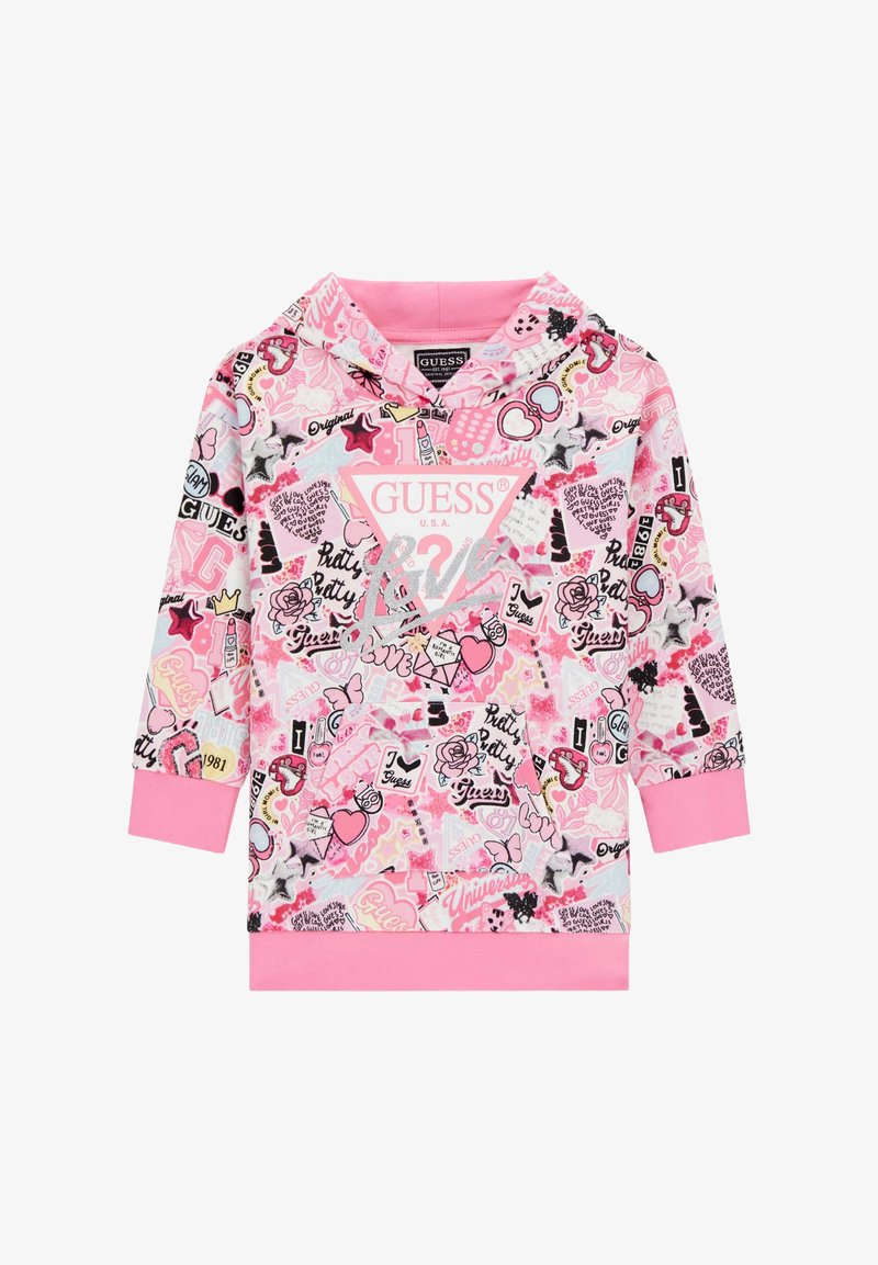 Roza dukserica s raznovrsnim šarenim grafikama i uzorcima, uključujući srca, zvijezde i cvjetove. Ima prednji džep i kapuljaču s vezicom.