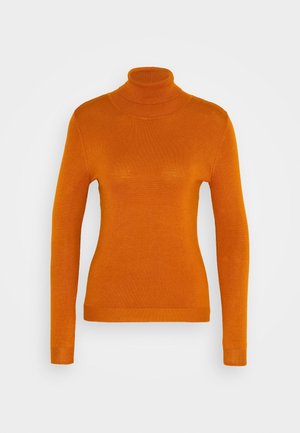 Pull orange à col roulé à manches longues avec col, poignets et ourlet côtelés, présenté sur un fond clair uni.