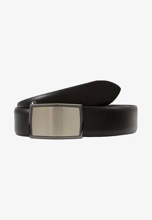 Melns ādas josta ar plašu siksnu un taisnstūrveida nopulētu metāla sprādzi ar gludu apdari un nelielu logotipa detaļu.