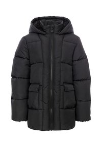 Zwarte pufferjack met capuchon, voorkant met rits, quilted ontwerp en twee zijzakken. Glad stof met een licht glanzende afwerking.
