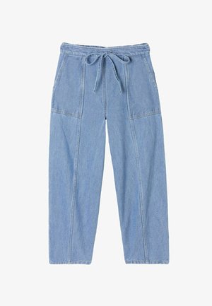 Pantaloni largi din denim albastru deschis cu talie ajustabilă cu șnur, prevăzuți cu buzunare aplicate și detalii cusute de-a lungul picioarelor.