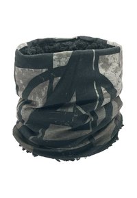 Gaiter de cou noir et gris avec des motifs abstraits, fabriqué en textile doux, présentant un intérieur texturé et des bords bruts.
