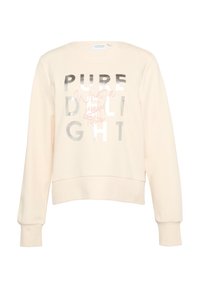 Jasno-beżowy sweter z długimi rękawami i okrągłym dekoltem. Posiada metaliczne, srebrne i różowe napisy: "PURE DELIGHT" oraz dekoracyjne elementy.