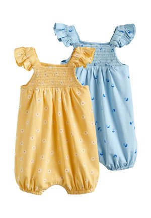 Gelbe und blaue ärmellose Baby-Strampler mit gekräuselten Trägern und gerafften Oberteilen, mit kleinen Blumen- und Blattmustern.